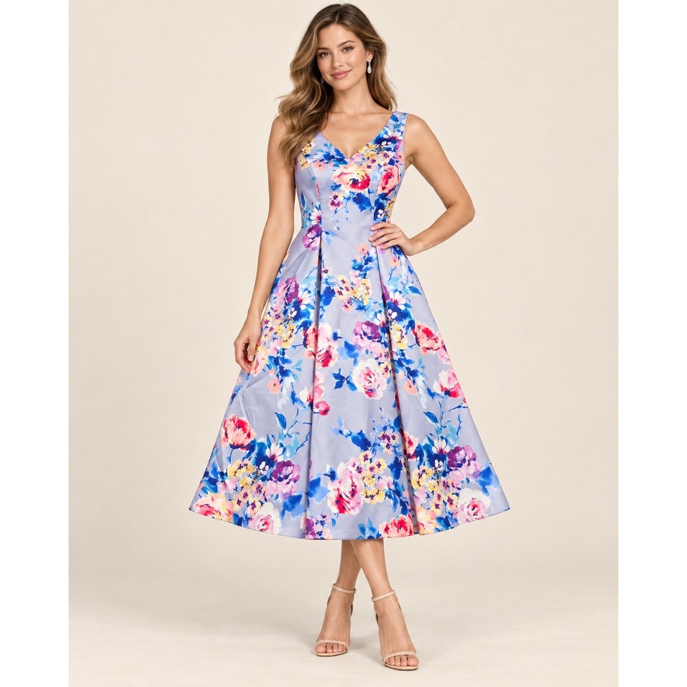Alex Evenings Floral V-Neck Tea-Length Dress Lilac Multi 8139050 Size 4 NWT